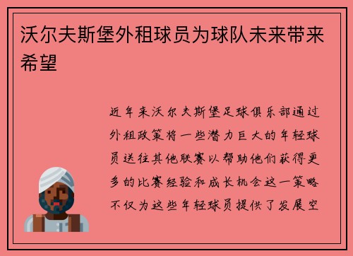 沃尔夫斯堡外租球员为球队未来带来希望